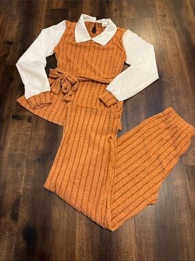 Stylish Cozy Ribbed Knit Sweater & Pant Set in Orange Rust Size 10Y NWOT